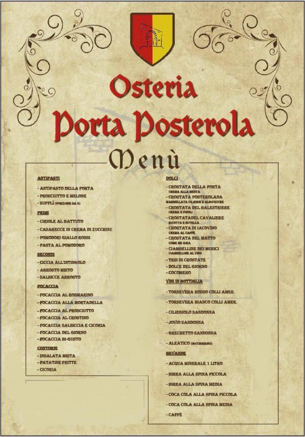 Menu della taverna Posterola